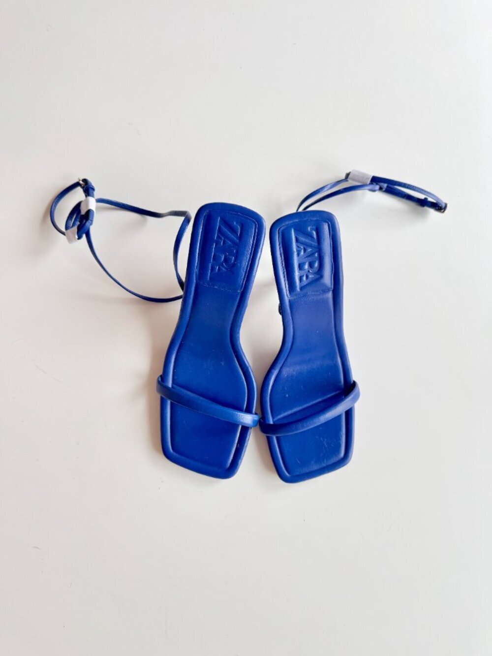 NWOT ZARA Blue Leather Square Toe Strappy High Heel Wraparound Sandals, Size 35 - Picture 2 of 14